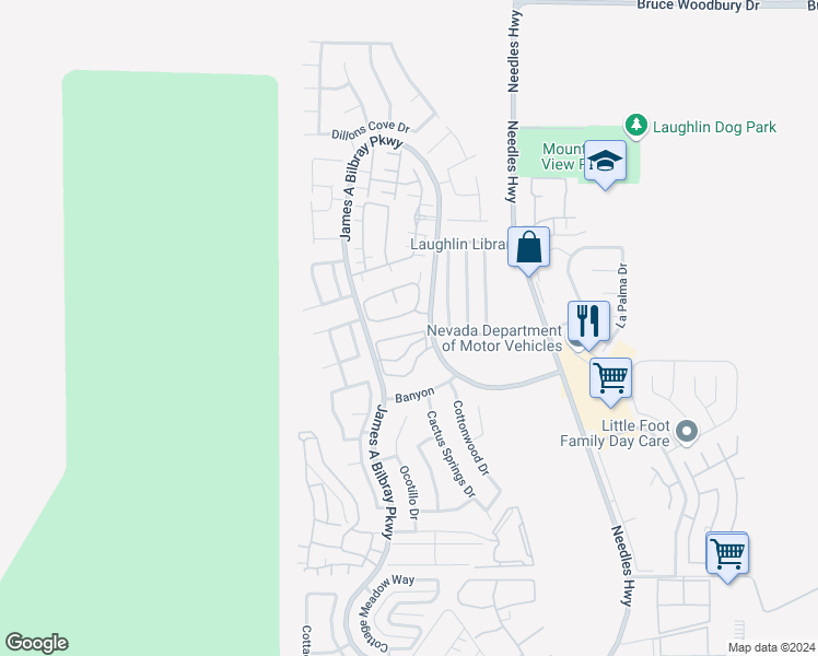 map of restaurants, bars, coffee shops, grocery stores, and more near 2180 Highpointe Drive in Laughlin