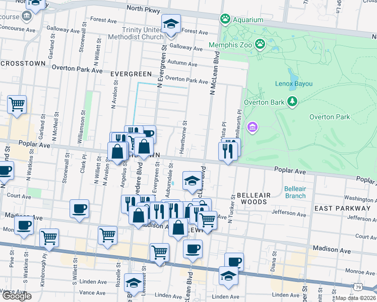 map of restaurants, bars, coffee shops, grocery stores, and more near 1806 Poplar Avenue in Memphis