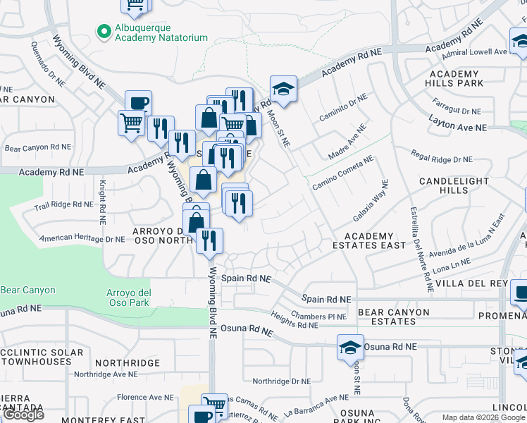 map of restaurants, bars, coffee shops, grocery stores, and more near 5604 Fulton Court Northeast in Albuquerque