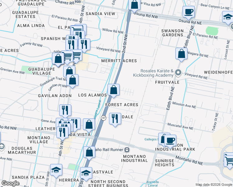 map of restaurants, bars, coffee shops, grocery stores, and more near 141 La Plata Road Northwest in Albuquerque