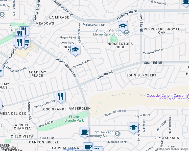 map of restaurants, bars, coffee shops, grocery stores, and more near 5408 Overlook Drive Northeast in Albuquerque