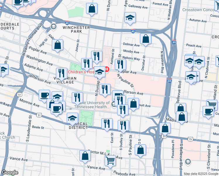 map of restaurants, bars, coffee shops, grocery stores, and more near 910 Madison Avenue in Memphis