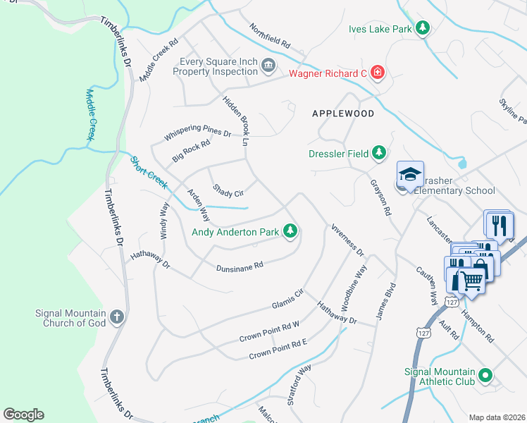 map of restaurants, bars, coffee shops, grocery stores, and more near 926 Arden Way in Signal Mountain