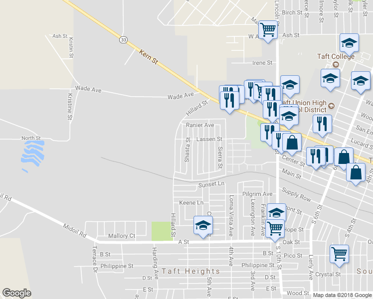 map of restaurants, bars, coffee shops, grocery stores, and more near 415 Shasta Street in Taft