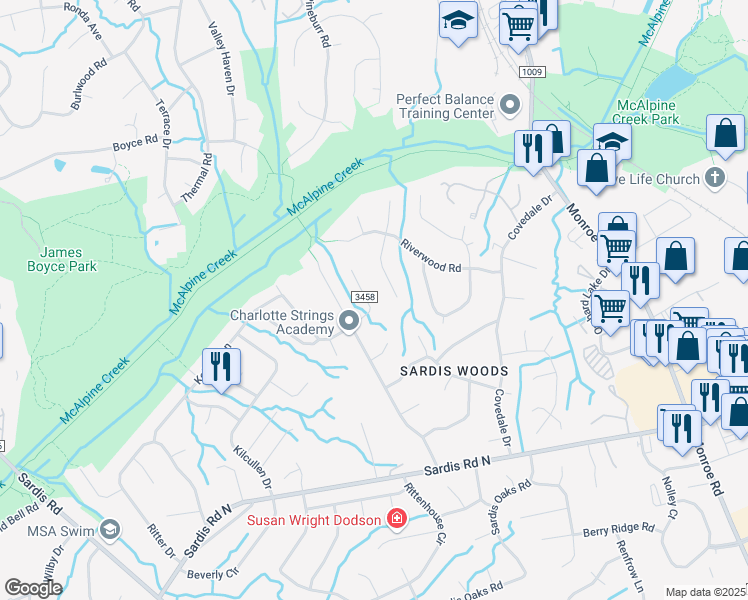 map of restaurants, bars, coffee shops, grocery stores, and more near 407 Bass Lane in Charlotte