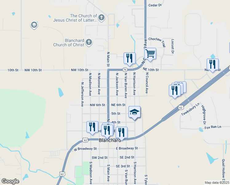 map of restaurants, bars, coffee shops, grocery stores, and more near 723 North Jackson Avenue in Blanchard