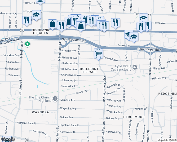 map of restaurants, bars, coffee shops, grocery stores, and more near 3655 Kenwood Avenue in Memphis