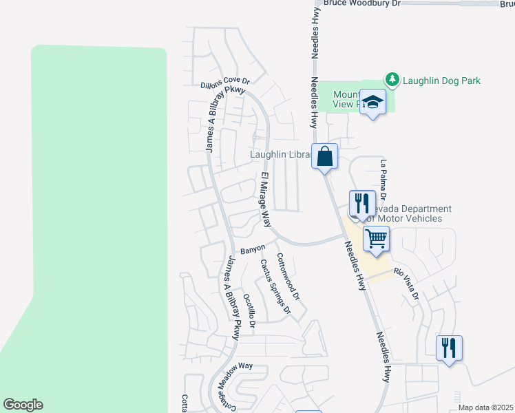 map of restaurants, bars, coffee shops, grocery stores, and more near 2211 Rugged Mesa Drive in Laughlin