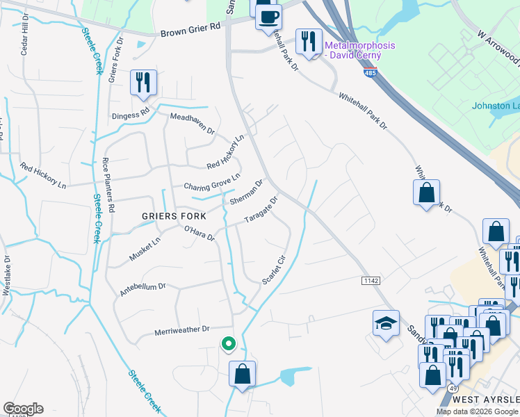 map of restaurants, bars, coffee shops, grocery stores, and more near 12230 Sherman Drive in Charlotte