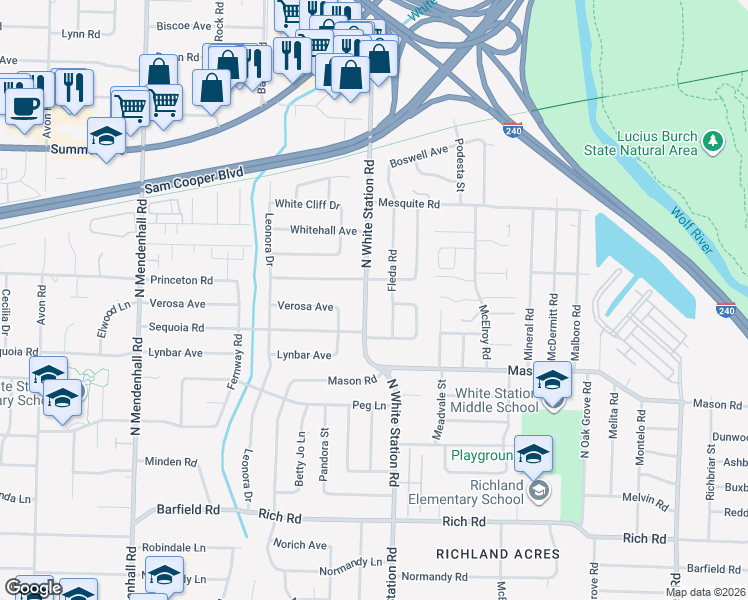 map of restaurants, bars, coffee shops, grocery stores, and more near 453 Fleda Road in Memphis
