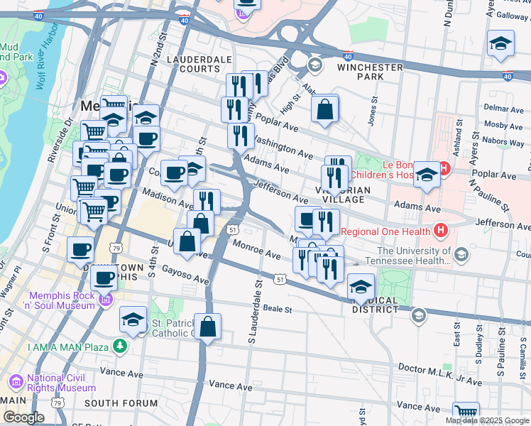 map of restaurants, bars, coffee shops, grocery stores, and more near 557 Techno Lane in Memphis