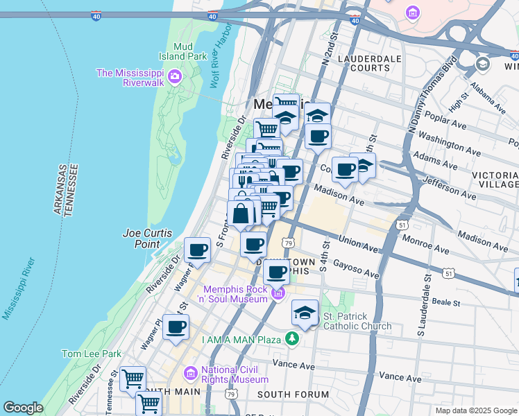 map of restaurants, bars, coffee shops, grocery stores, and more near 66 South Main Street in Memphis