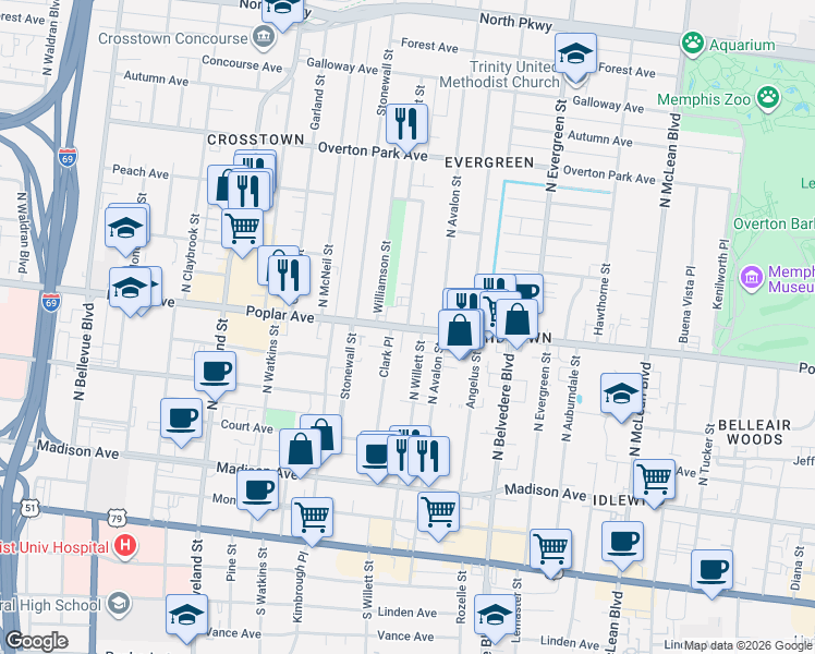 map of restaurants, bars, coffee shops, grocery stores, and more near Poplar Ave & N Willett St in Memphis