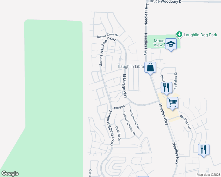map of restaurants, bars, coffee shops, grocery stores, and more near 2259 Rugged Mesa Drive in Laughlin