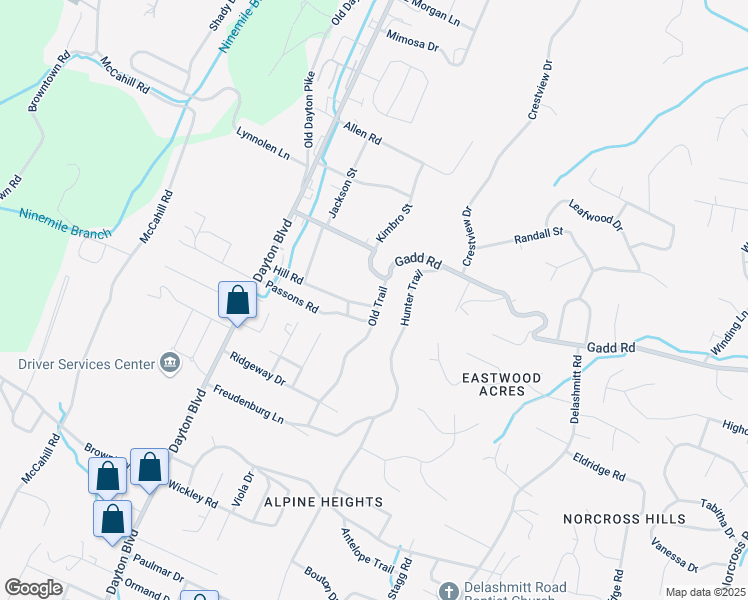 map of restaurants, bars, coffee shops, grocery stores, and more near 133 Hill Road in Chattanooga