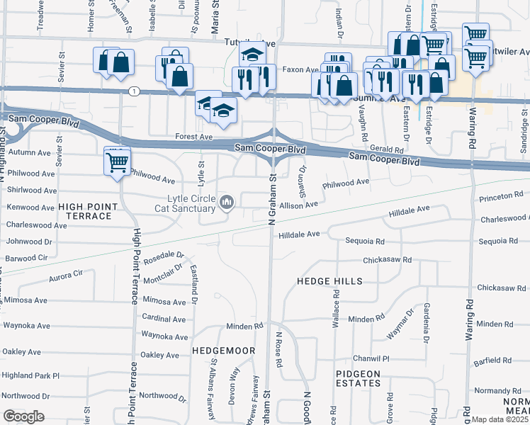 map of restaurants, bars, coffee shops, grocery stores, and more near 427 North Graham Street in Memphis