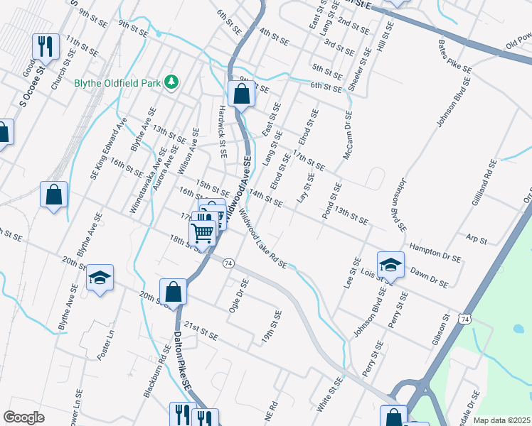 map of restaurants, bars, coffee shops, grocery stores, and more near 1409 Elrod Street Southeast in Cleveland
