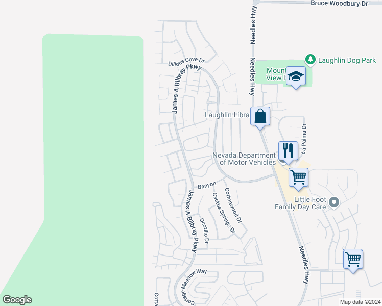 map of restaurants, bars, coffee shops, grocery stores, and more near 2259 Rugged Mesa Drive in Laughlin