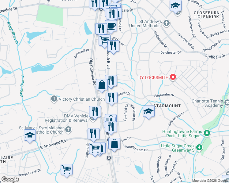 map of restaurants, bars, coffee shops, grocery stores, and more near 6623 South Boulevard in Charlotte