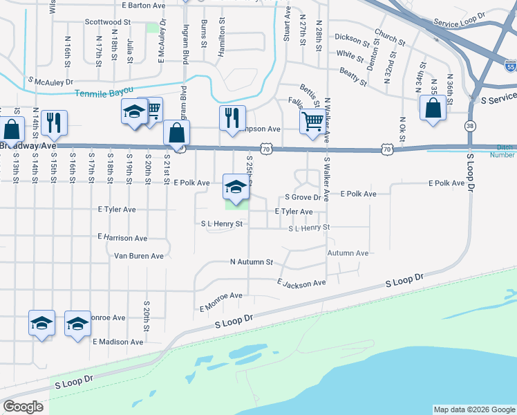 map of restaurants, bars, coffee shops, grocery stores, and more near 2528 Tyler Circle in West Memphis