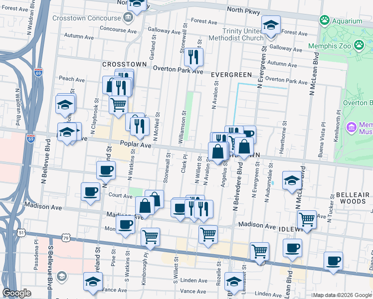 map of restaurants, bars, coffee shops, grocery stores, and more near Poplar Ave & Clark Pl in Memphis