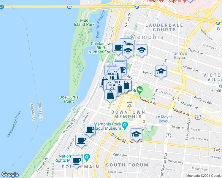 map of restaurants, bars, coffee shops, grocery stores, and more near 75 Union Avenue in Memphis