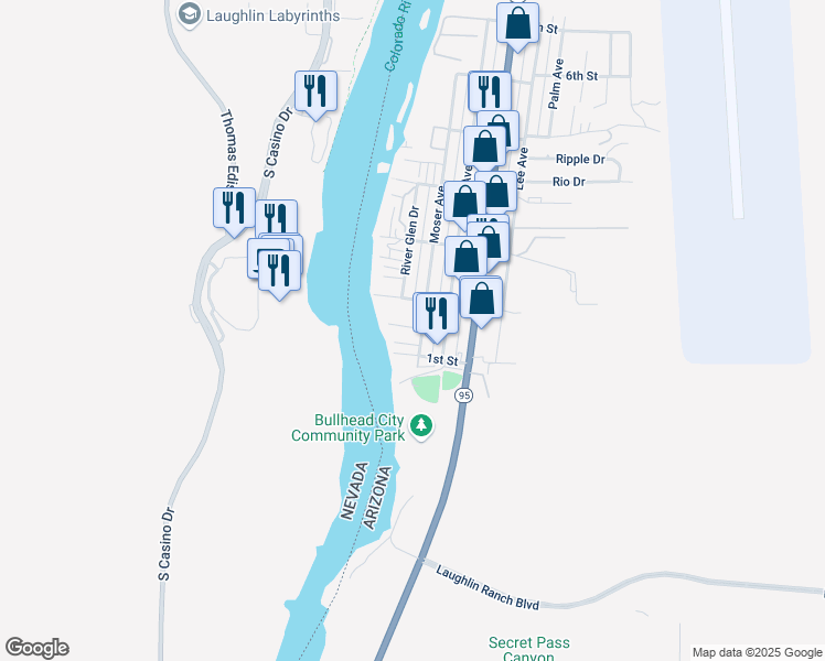 map of restaurants, bars, coffee shops, grocery stores, and more near 455 Moser Avenue in Bullhead City