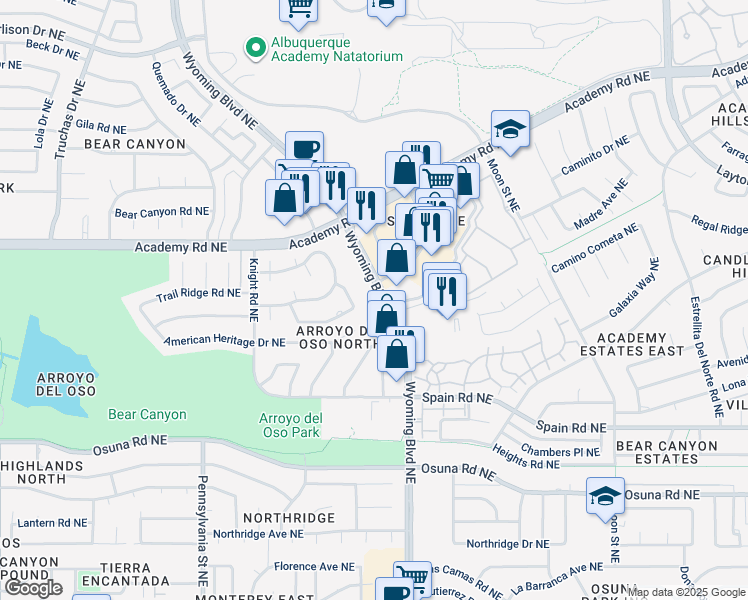 map of restaurants, bars, coffee shops, grocery stores, and more near 5425 Wyoming Boulevard Northeast in Albuquerque