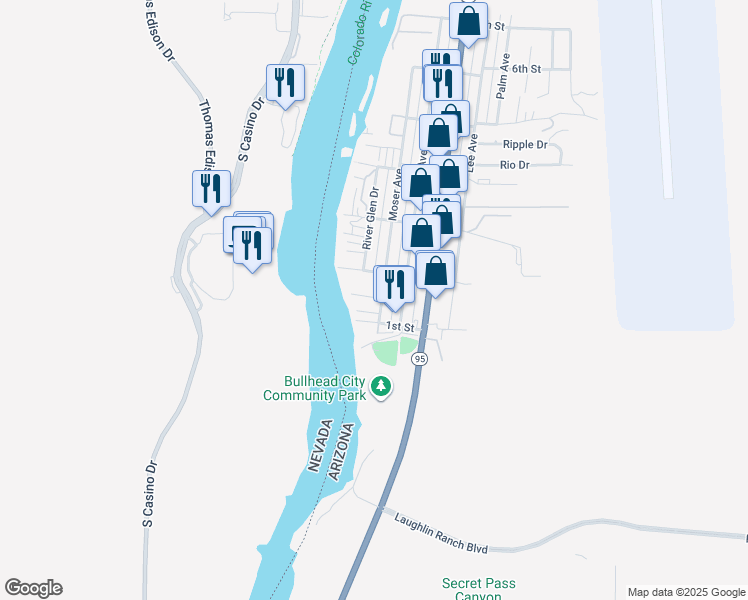 map of restaurants, bars, coffee shops, grocery stores, and more near 455 Moser Avenue in Bullhead City