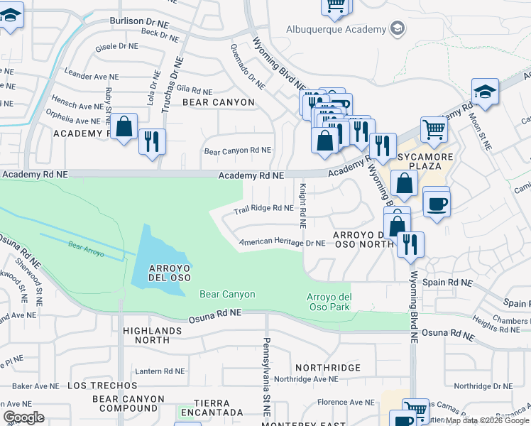 map of restaurants, bars, coffee shops, grocery stores, and more near 7608 Trail Ridge Road Northeast in Albuquerque