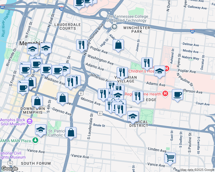 map of restaurants, bars, coffee shops, grocery stores, and more near 601 North Avant Lane in Memphis