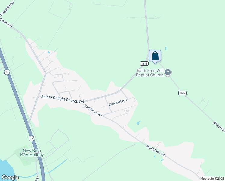 map of restaurants, bars, coffee shops, grocery stores, and more near 391 Saints Delight Church Road in New Bern