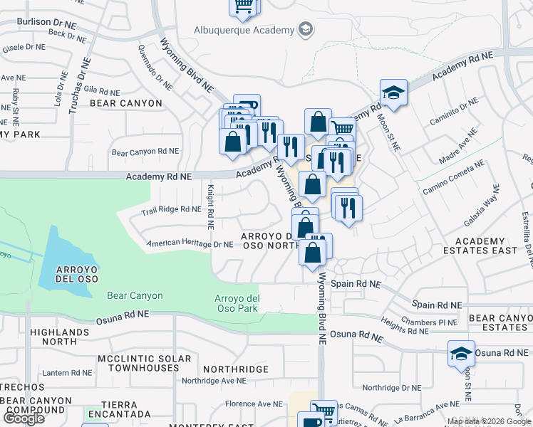 map of restaurants, bars, coffee shops, grocery stores, and more near 7963 Sartan Way Northeast in Albuquerque