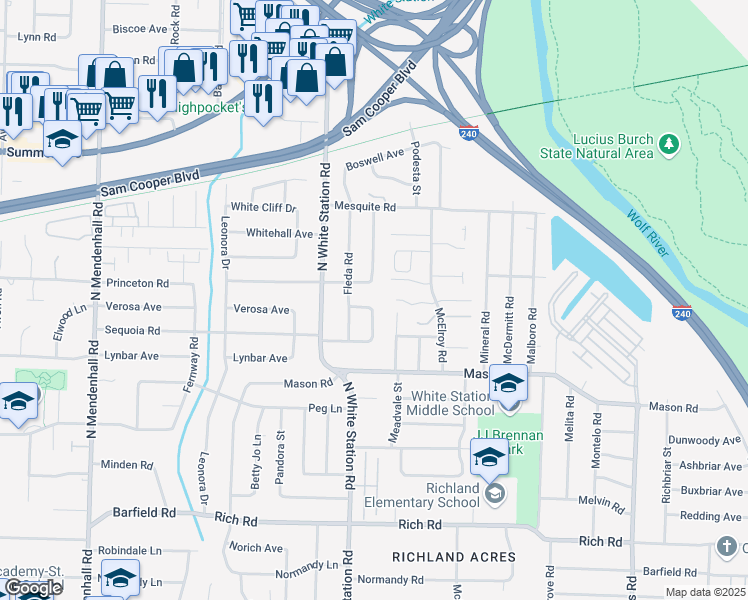 map of restaurants, bars, coffee shops, grocery stores, and more near 442 Rosser Road in Memphis