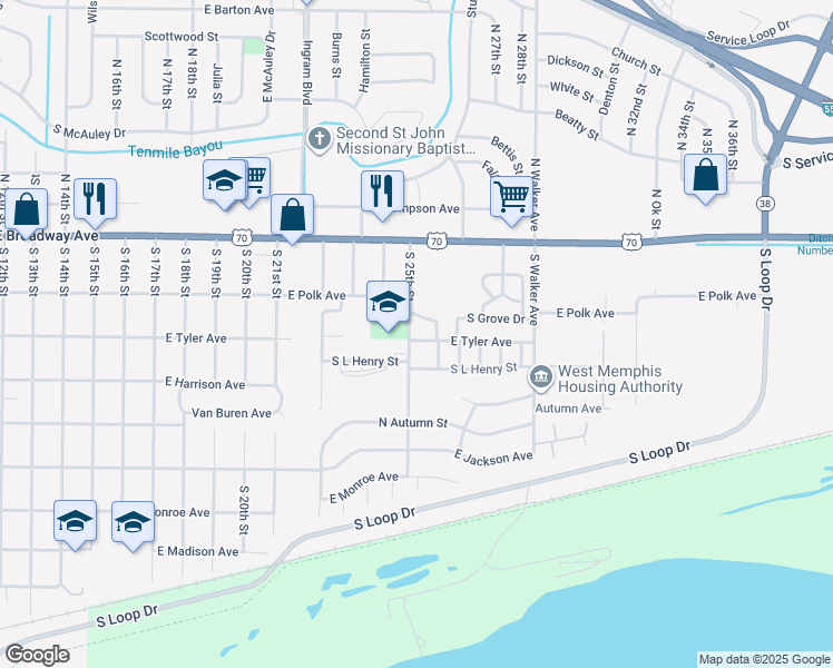 map of restaurants, bars, coffee shops, grocery stores, and more near 2500 East Tyler Avenue in West Memphis