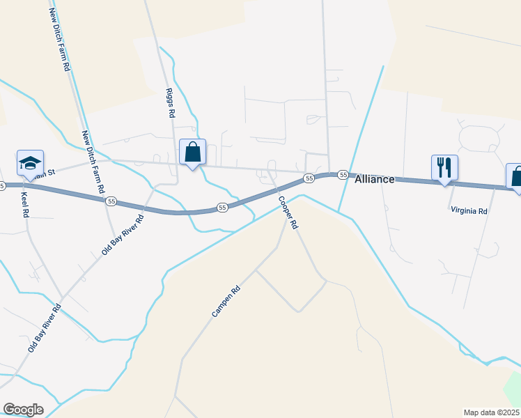 map of restaurants, bars, coffee shops, grocery stores, and more near North Carolina 55 in Alliance