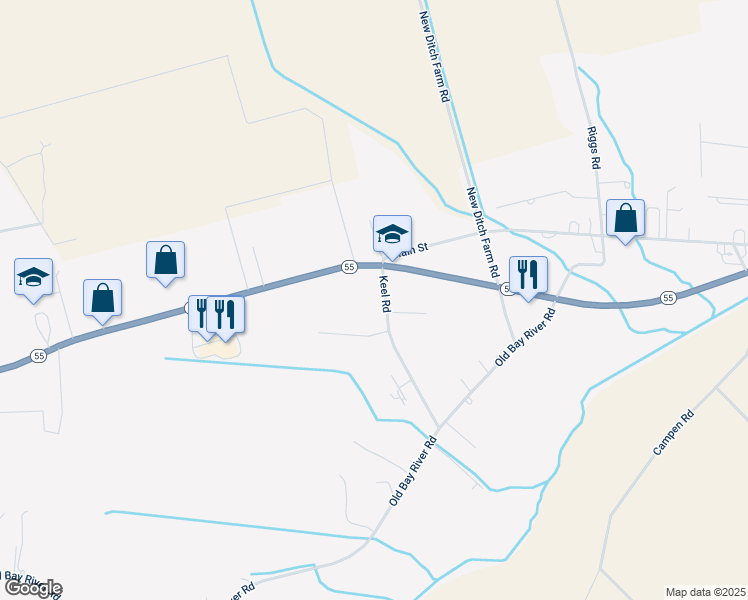 map of restaurants, bars, coffee shops, grocery stores, and more near 80 Keel Road in Grantsboro
