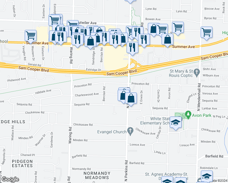 map of restaurants, bars, coffee shops, grocery stores, and more near 4558 Charleswood Avenue in Memphis