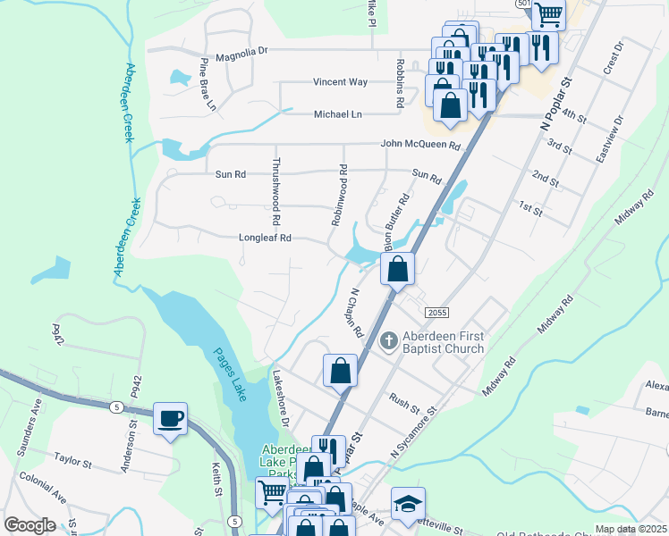map of restaurants, bars, coffee shops, grocery stores, and more near 503 Longleaf Road in Aberdeen