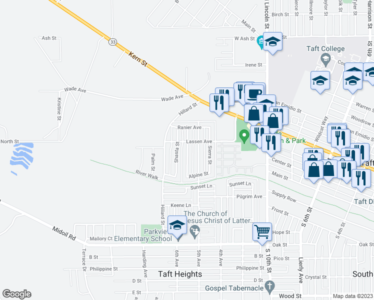map of restaurants, bars, coffee shops, grocery stores, and more near McKinley Street in Taft