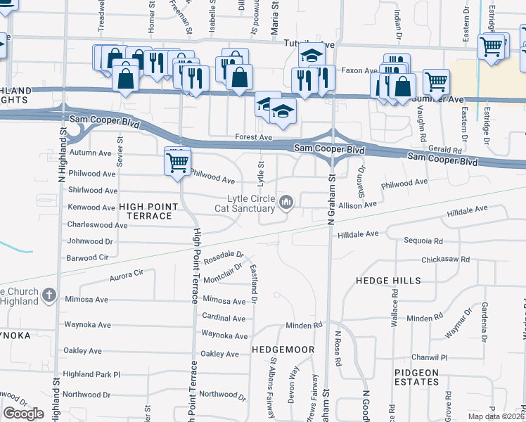 map of restaurants, bars, coffee shops, grocery stores, and more near 426 Lytle Street in Memphis