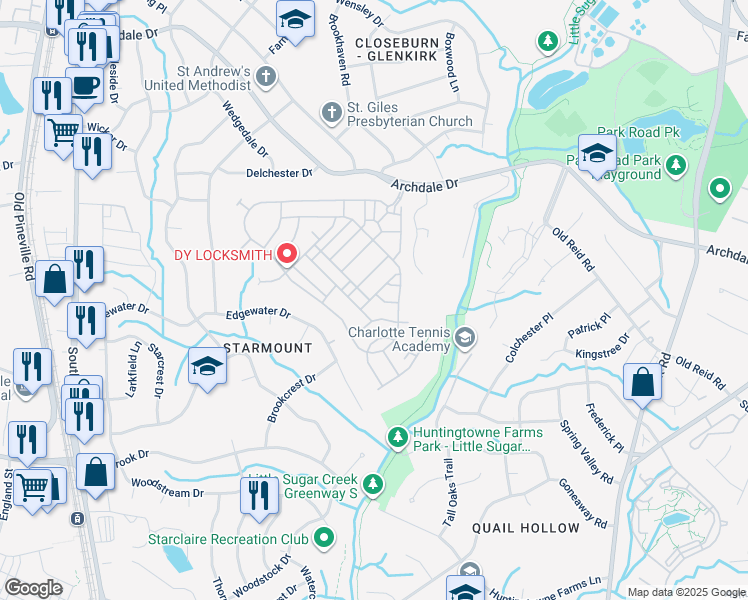 map of restaurants, bars, coffee shops, grocery stores, and more near 6404 Silver Star Lane in Charlotte