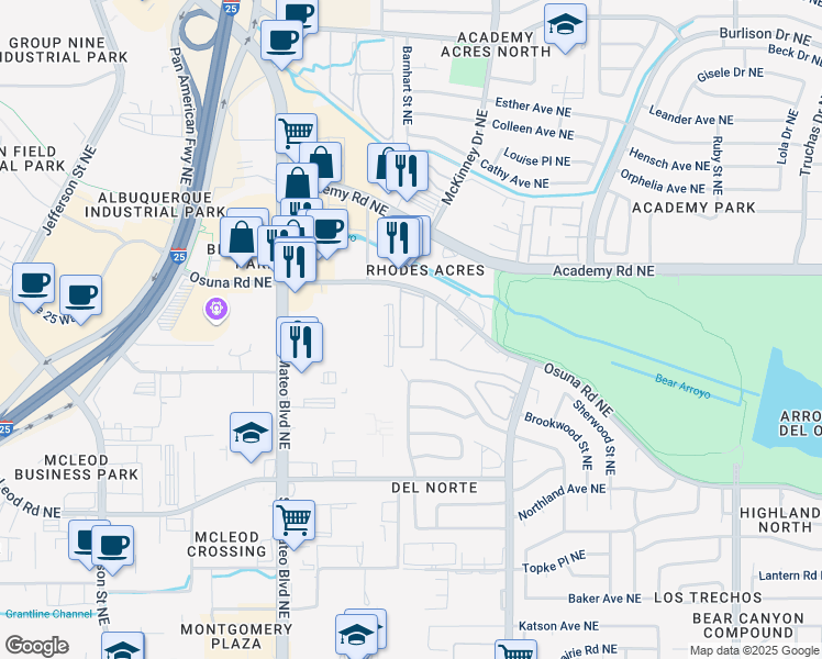 map of restaurants, bars, coffee shops, grocery stores, and more near 5109 La Fiesta Drive Northeast in Albuquerque