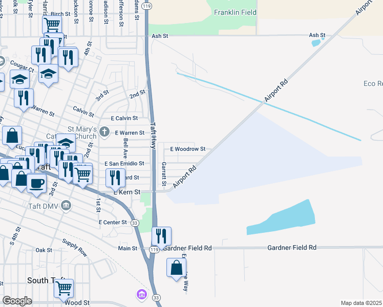 map of restaurants, bars, coffee shops, grocery stores, and more near 403 East Woodrow Street in Taft