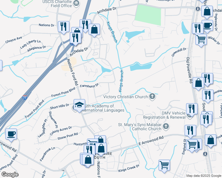map of restaurants, bars, coffee shops, grocery stores, and more near 409 Fairgreen Drive in Charlotte