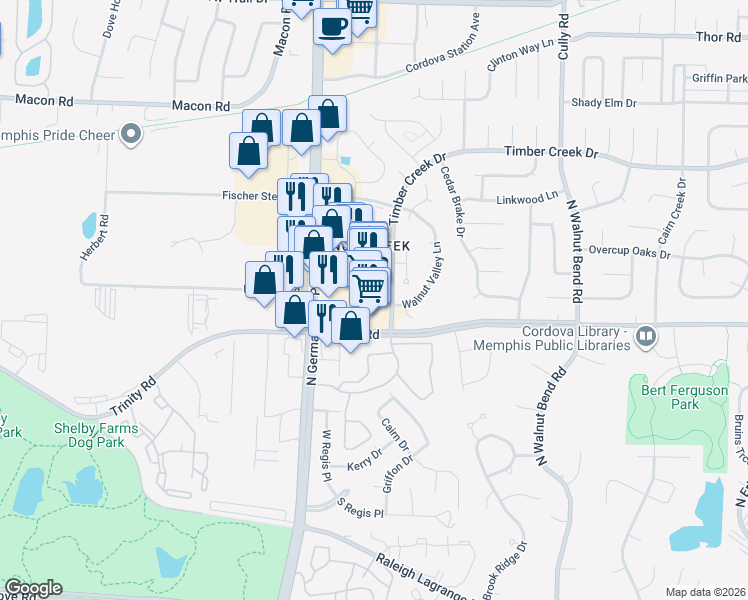 map of restaurants, bars, coffee shops, grocery stores, and more near 676 North Germantown Parkway in Memphis