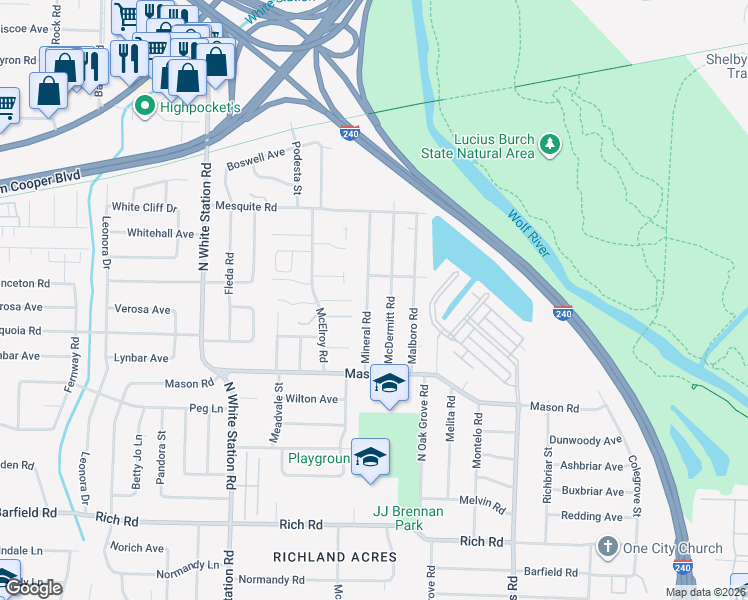 map of restaurants, bars, coffee shops, grocery stores, and more near 459 Mineral Road in Memphis