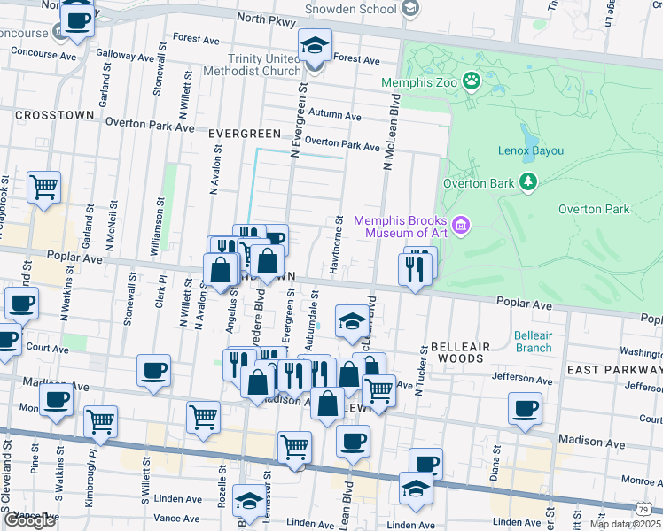 map of restaurants, bars, coffee shops, grocery stores, and more near 207 Hawthorne Street in Memphis