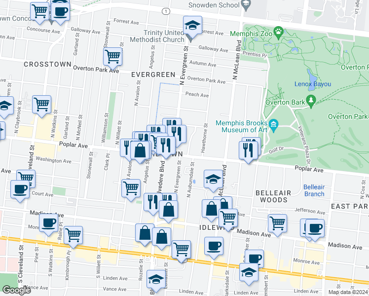 map of restaurants, bars, coffee shops, grocery stores, and more near 200 North Evergreen Street in Memphis