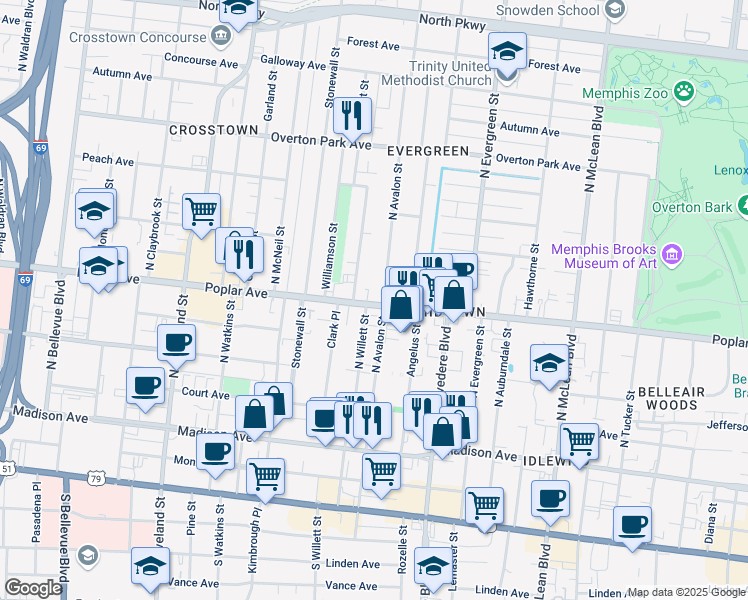 map of restaurants, bars, coffee shops, grocery stores, and more near 191 North Avalon Street in Memphis